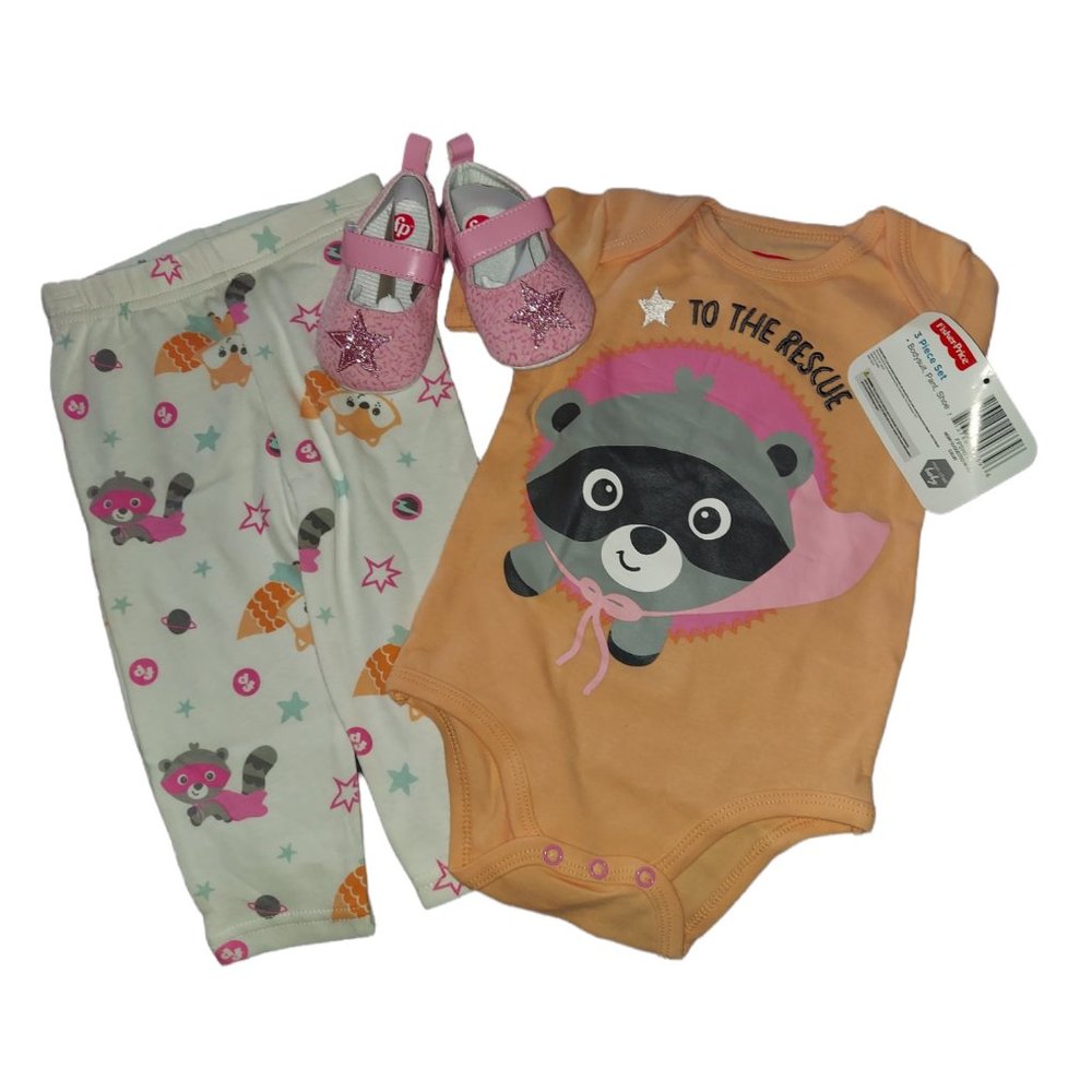 Fisher Price 3 Piece Set Bodysuit, Pant, Shoe Girl's Size 6-9 Months